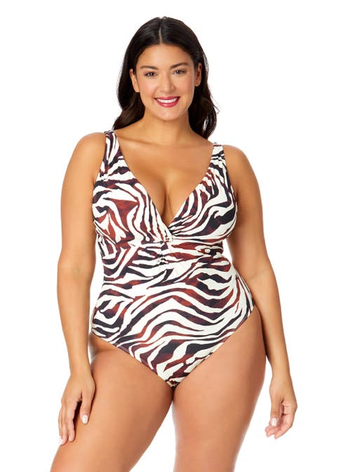 Women's Plus Tiger Dance Plunge Twist One Piece Swimsuit
