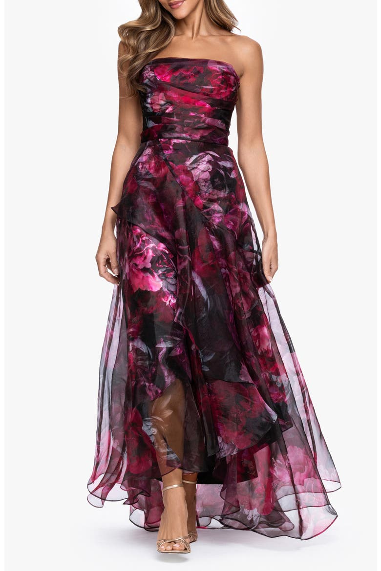 Floral Print Strapless Gown, Main, color, WINE/ BLACK