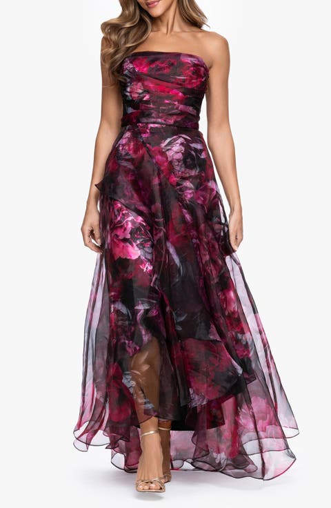 Floral Print Strapless Gown