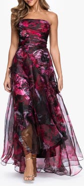 Betsy & Adam Floral Print Strapless Gown