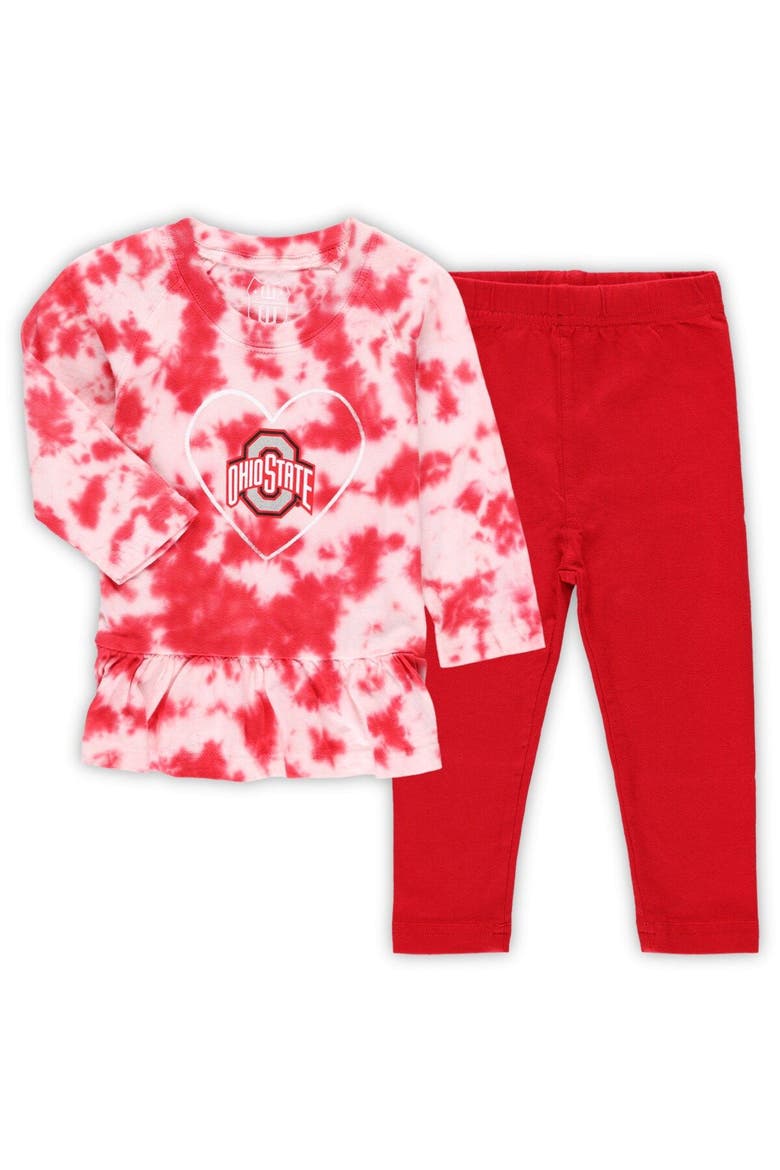 Girls Infant Wes & Willy Scarlet Ohio State Buckeyes Tie-Dye Ruffle Raglan Long Sleeve T-Shirt & Leggings Set, Main, color, Scarlet