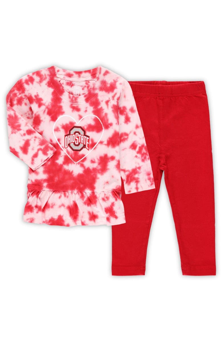 Wes & Willy Girls Infant Wes & Willy Scarlet Ohio State Buckeyes Tie-Dye Ruffle Raglan Long Sleeve T-Shirt & Leggings Set, Main, color, 
