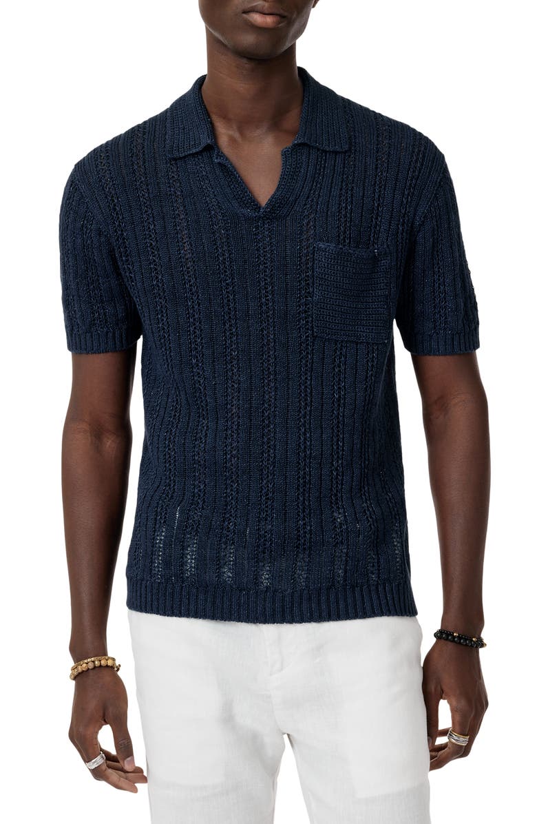 John Varvatos Odin Short Sleeve Textured Linen Johnny Collar Sweater, Main, color, Navy