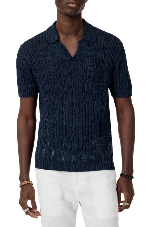 Odin Short Sleeve Textured Linen Johnny Collar Sweater