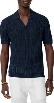 John Varvatos Odin Short Sleeve Textured Linen Johnny Collar Sweater