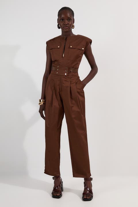 Cotton & Faux Leather Utility Jumpsuit