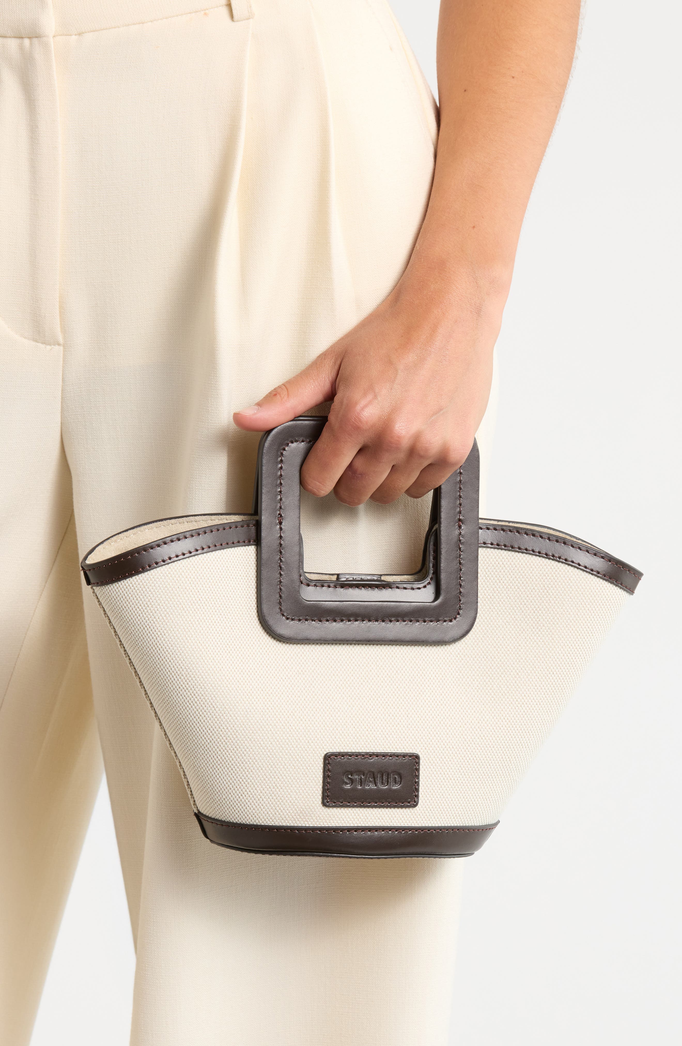 STAUD Mini Shirley Canvas Bucket Bag, Alternate, color, Natural/ Espresso