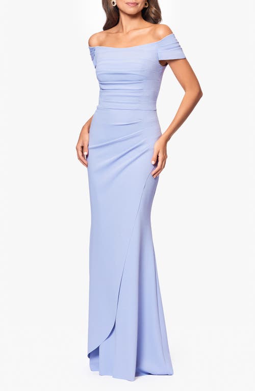 Xscape Evenings Ruched Scuba Off The Shoulder Gown In Sky Blue