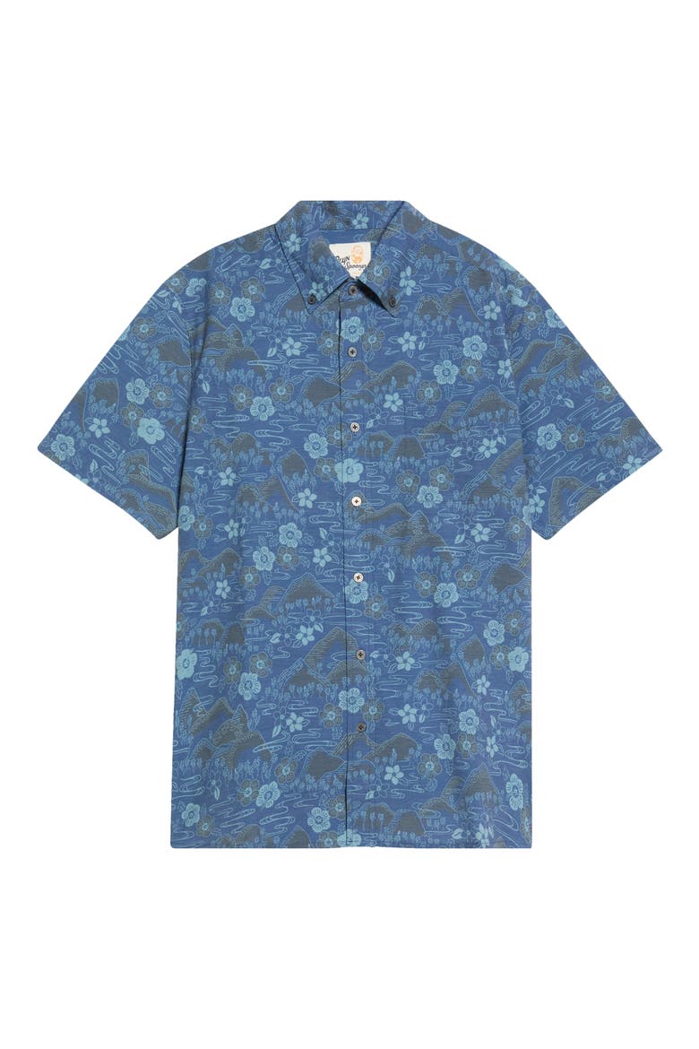 Sakura Fields Floral Short Sleeve Performance Button-Down Shirt, Alternate, color, NAVY
