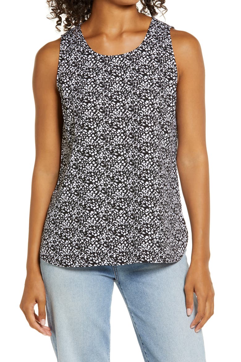 Scoop Neck Woven Shell, Main, color, BLACK- IVORY DOT PRINT