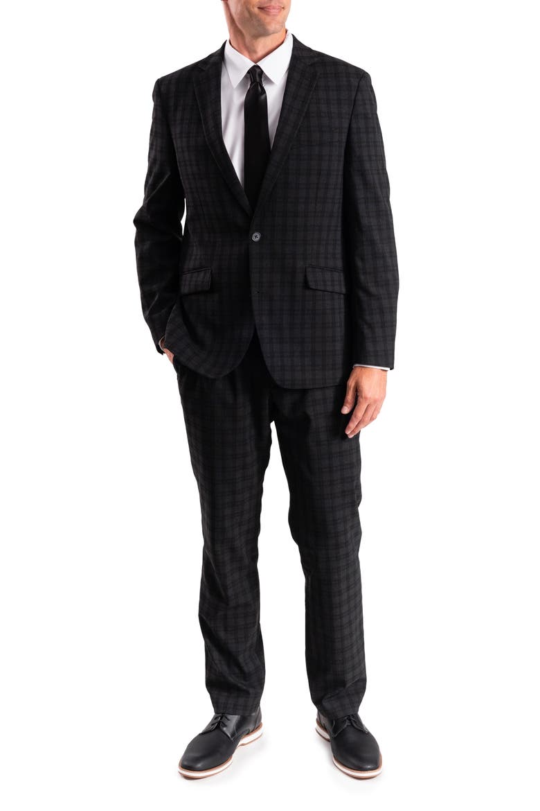 Charcoal Plaid Trim Fit Suit, Main, color, GREY