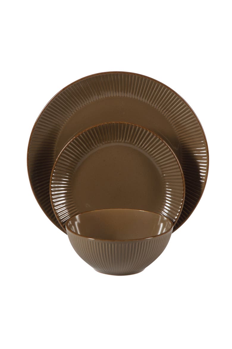 Plates and Bowls Set 12 Piece Ribbed Solid Color Dinnerware Set for 4, Alternate, color, Brown