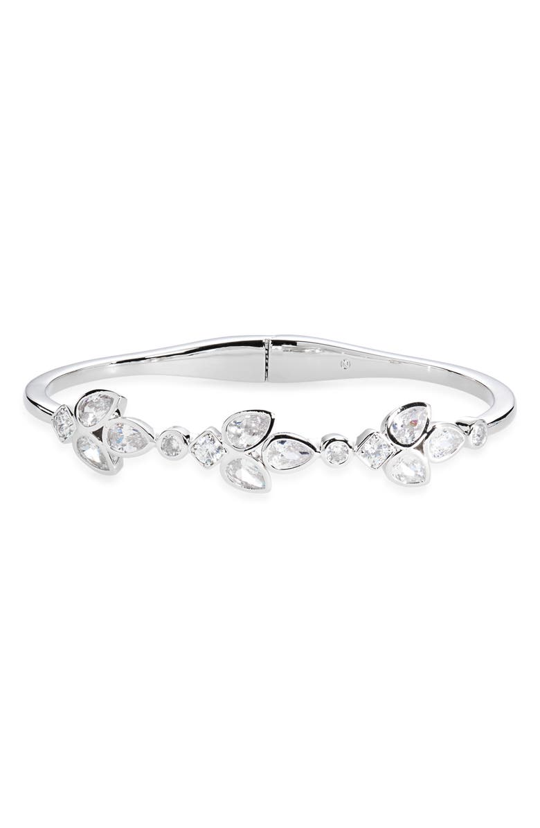 Nadri Sweetpea Cubic Zirconia Hinged Bangle Bracelet, Alternate, color, Rhodium