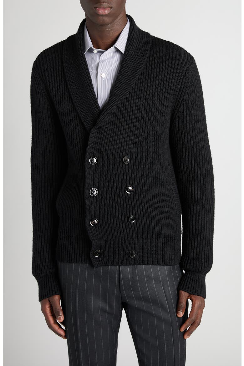 Double Breasted Shawl Collar Wool & Silk Cardigan, Main, color, LB999 BLACK