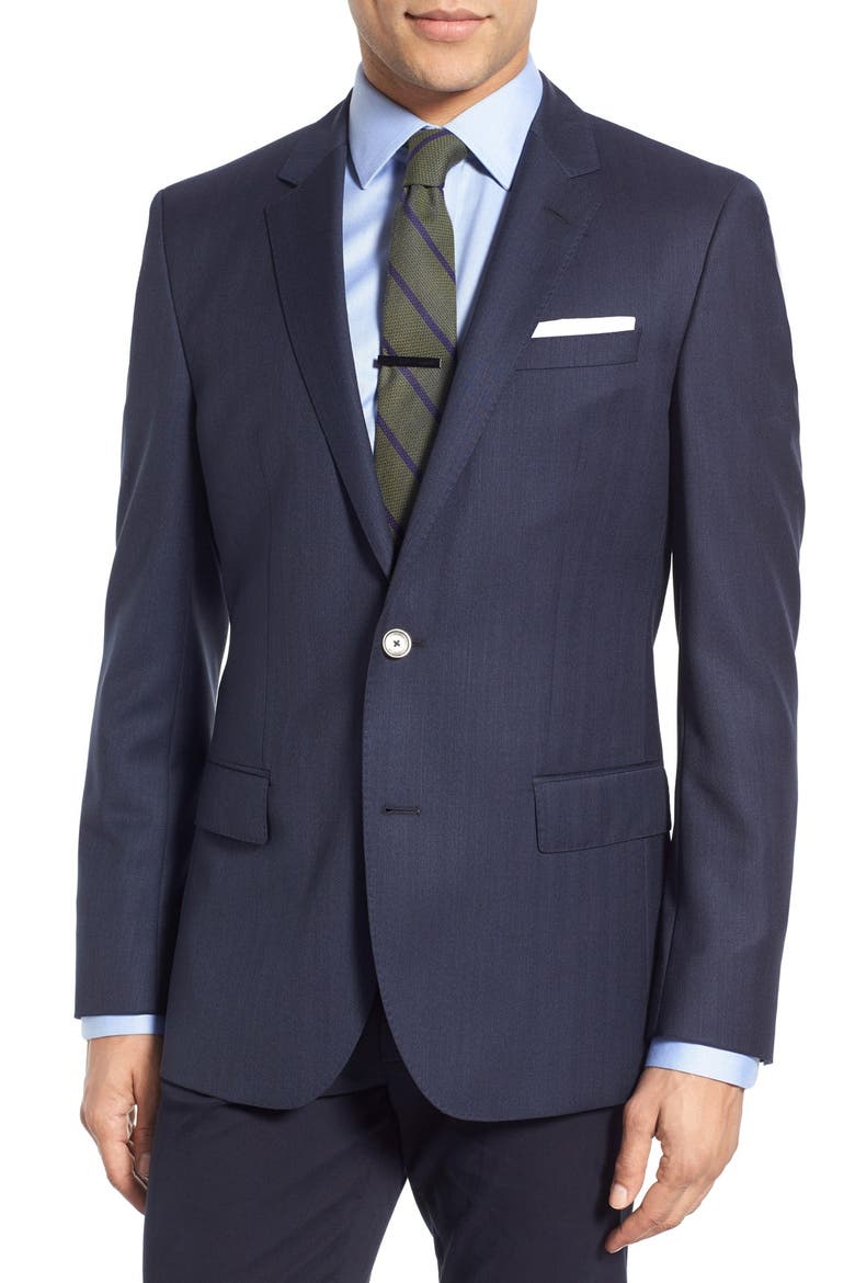 Hutsons Trim Fit Herringbone Wool Sport Coat, Main, color, NAVY