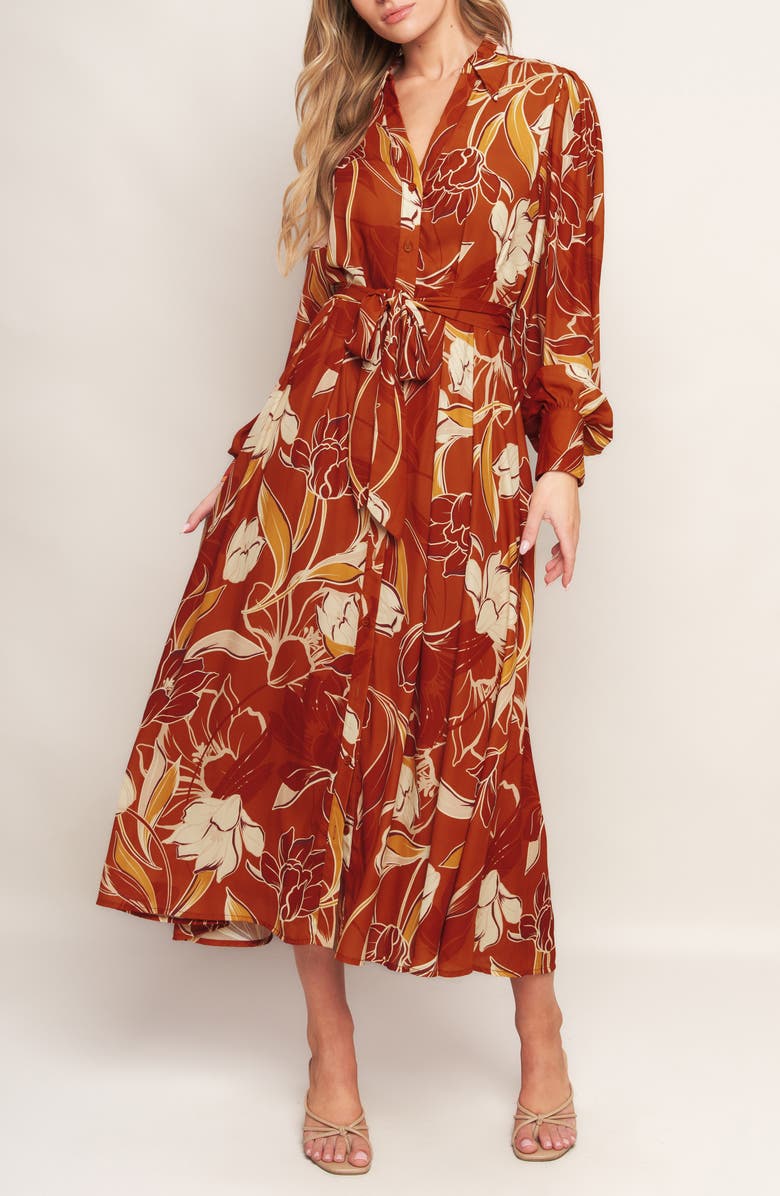 FLYING TOMATO Floral Long Sleeve Midi Shirtdress, Alternate, color,