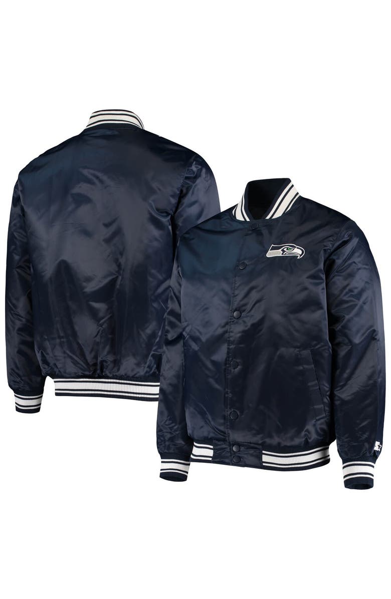 STARTER Men's Starter College Navy Seattle Seahawks Locker Room Satin Varsity Full-Snap Jacket, Main, color,