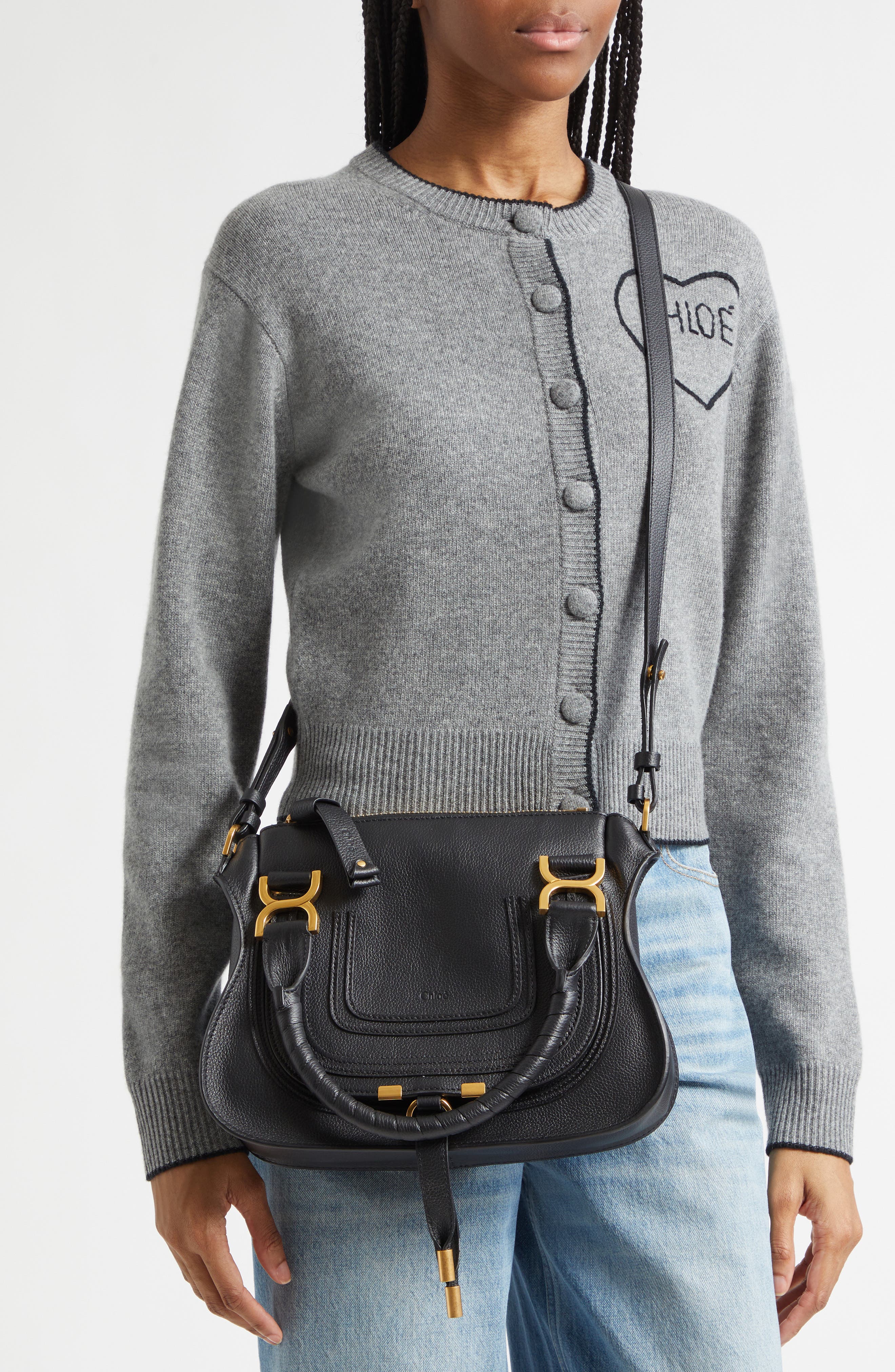 Chloé Small Marcie Leather Satchel, Alternate, color, Black