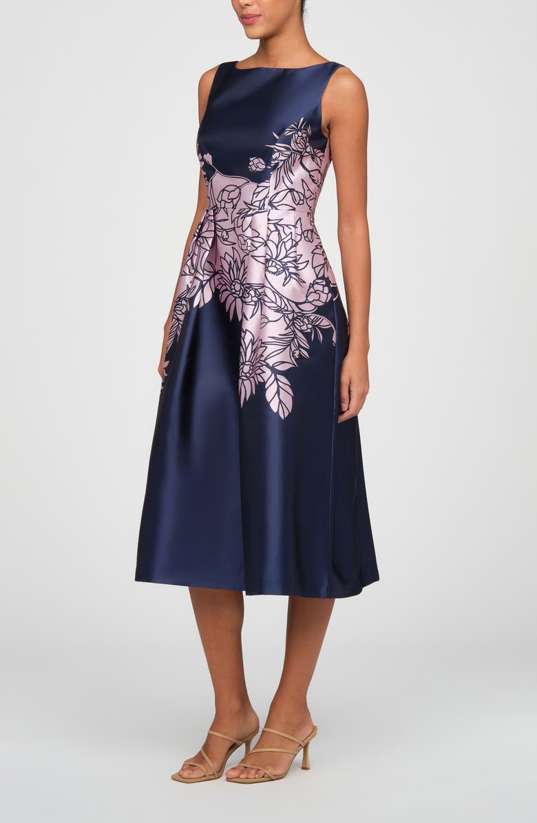 Kay Unger Evaline Placed Floral Cocktail Midi Dress, Alternate, color, Deep Navy