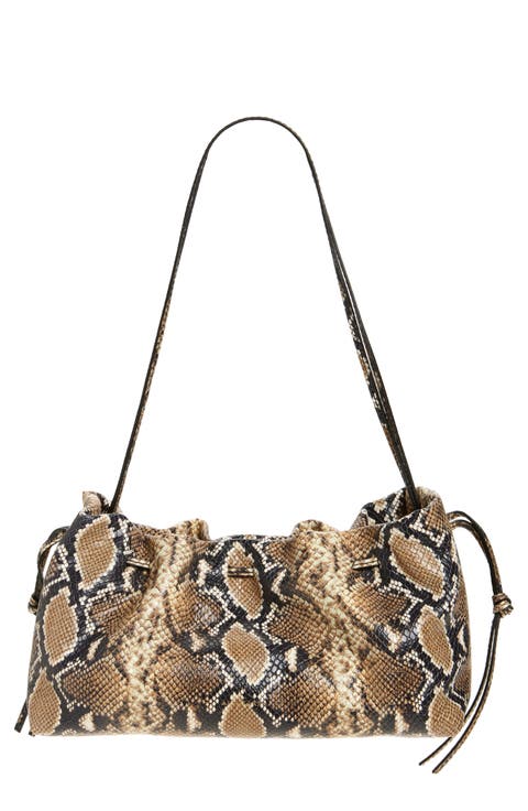 Drawstring Snakeskin Embossed Leather Clutch