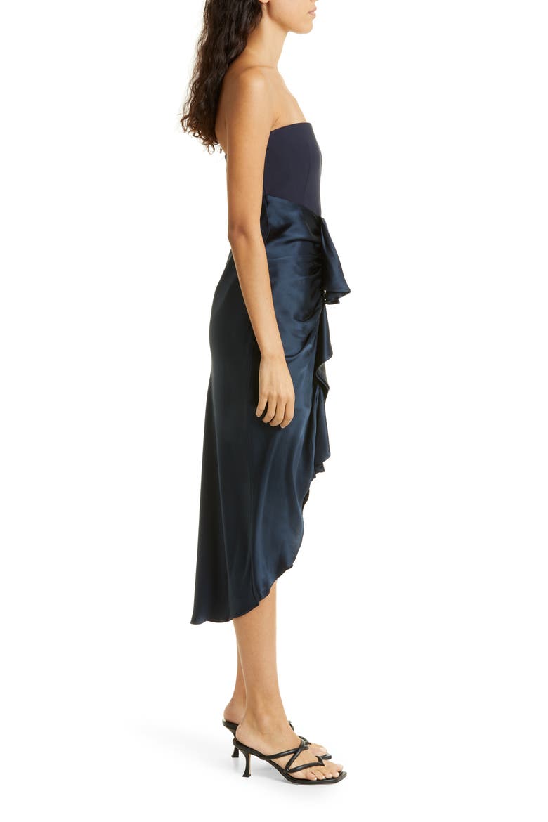 Georgiana Strapless Mixed Media Satin Cocktail Dress, Alternate, color, NAVY