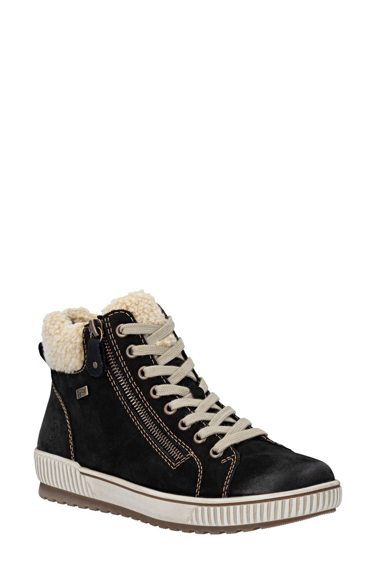 REMONTE Maditta 70 Faux Shearling Trim Sneaker, Main, color, Schwarz/ Beige