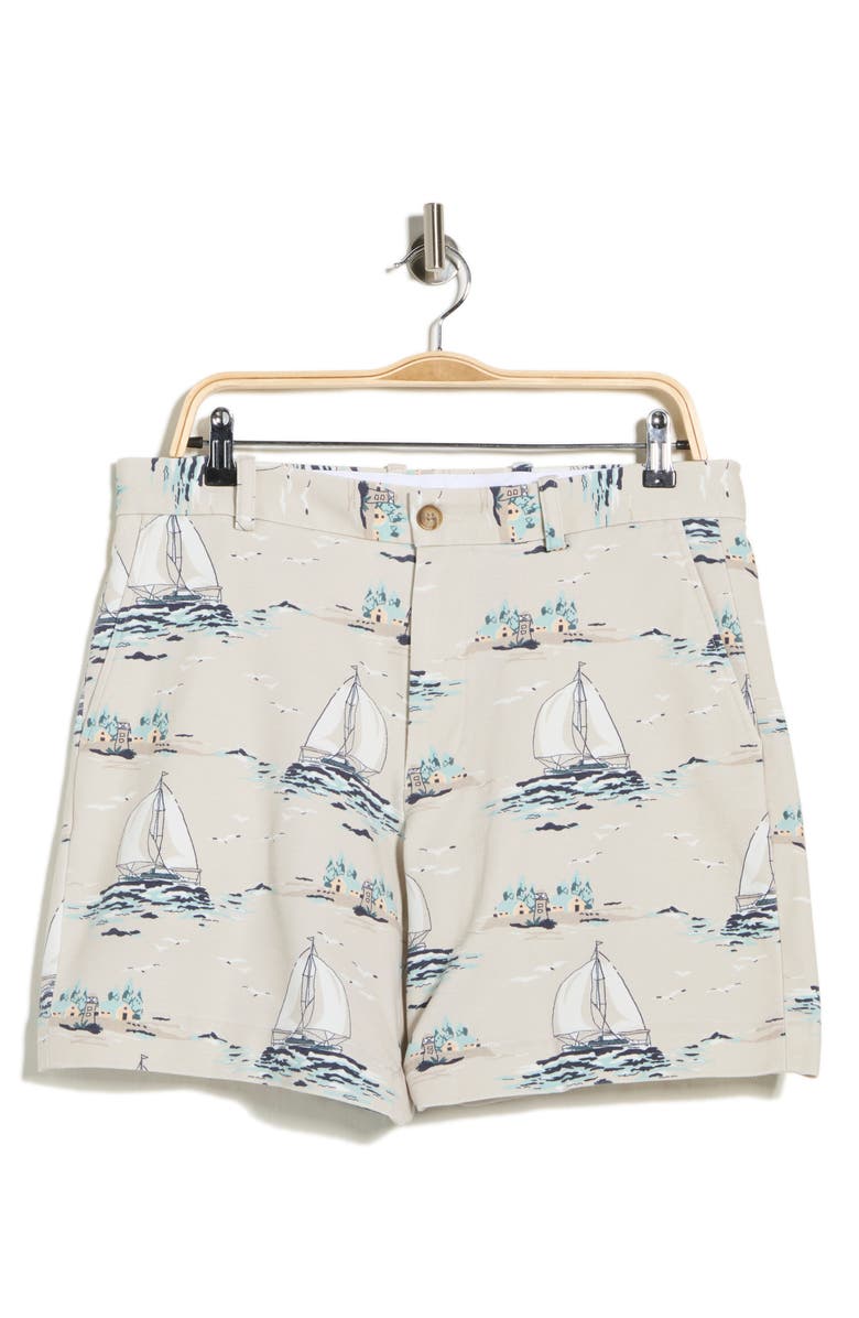 Brooks Brothers Sailboat Print Cotton Blend Chino Shorts, Alternate, color, Tan