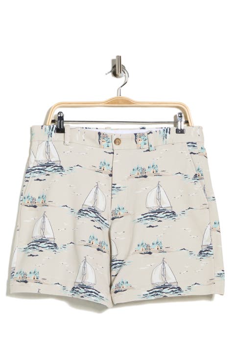 Sailboat Print Cotton Blend Chino Shorts