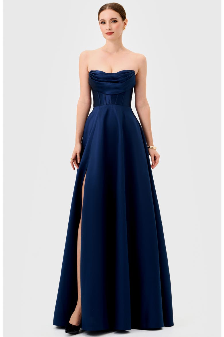 Ameira Strapless Cowl Gown, Main, color, NAVY