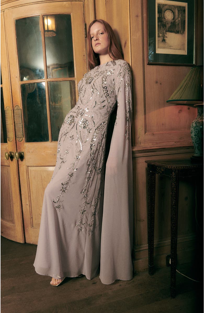 MARYISA Occasion Modest Embellished Sequin Beaded Cowl Neck Evening Maxi Dress, Alternate, color, Lilac