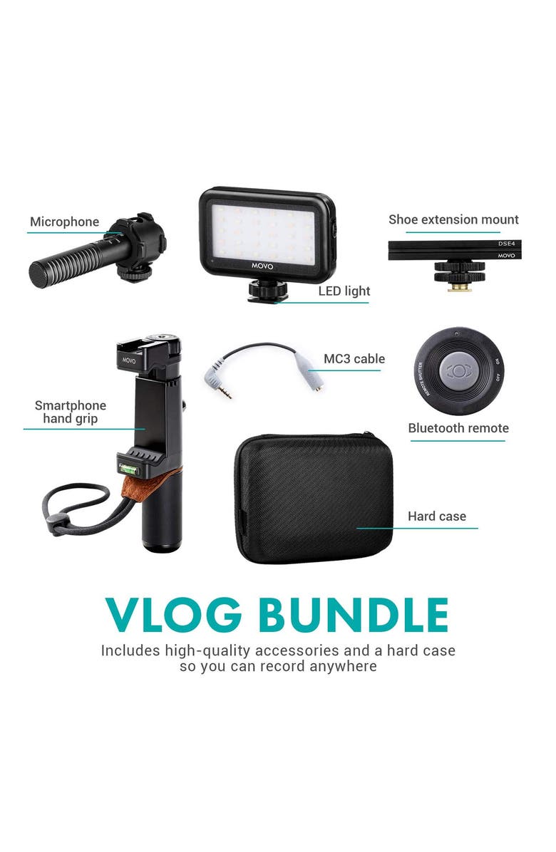 MOVO Vlog Kit V7 - YouTube Starter Kit with Grip, Stereo Microphone, Light, and Wireless Remote, Alternate, color, Black