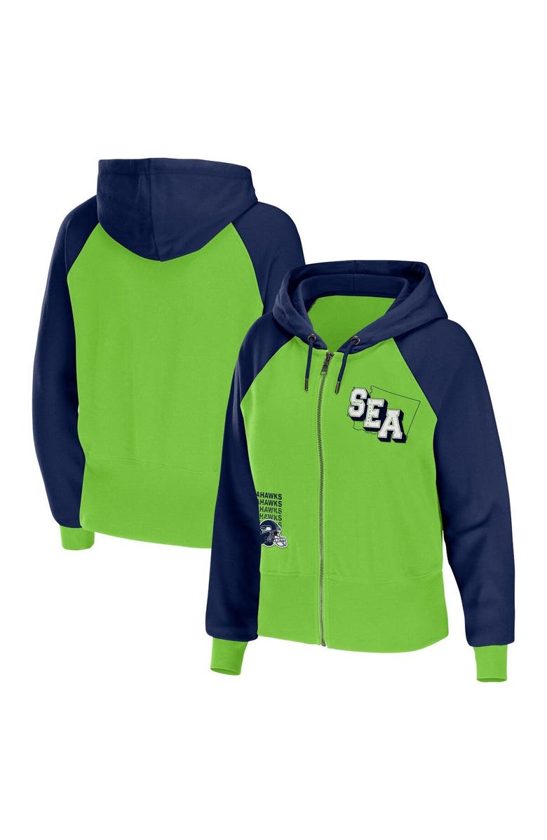 WEAR by Erin Andrews Women's WEAR by Erin Andrews Neon Green Seattle Seahawks Colorblock Lightweight Full-Zip Hoodie, Main, color, 