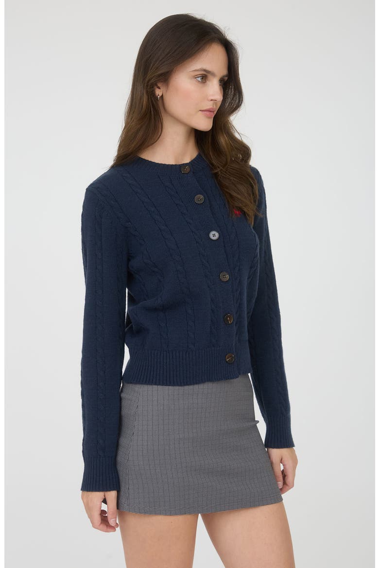 Embroidered Horse Cable Knit Crop Cardigan, Alternate, color, NAVY