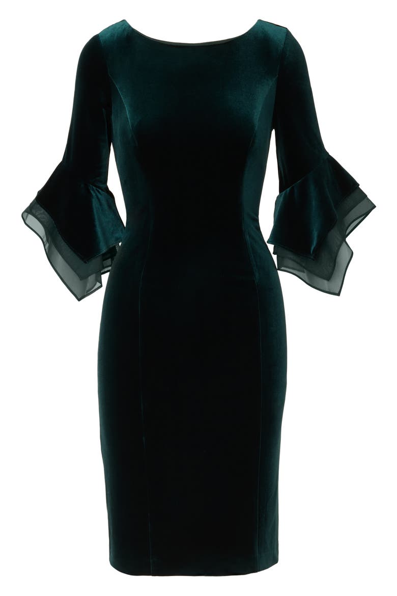 Velvet Bell Sleeve Sheath Dress, Alternate, color, HUNTER