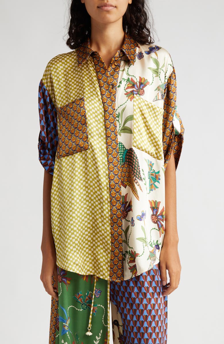 ALEMAIS Birdie Spliced Silk Button-Up Shirt, Main, color,