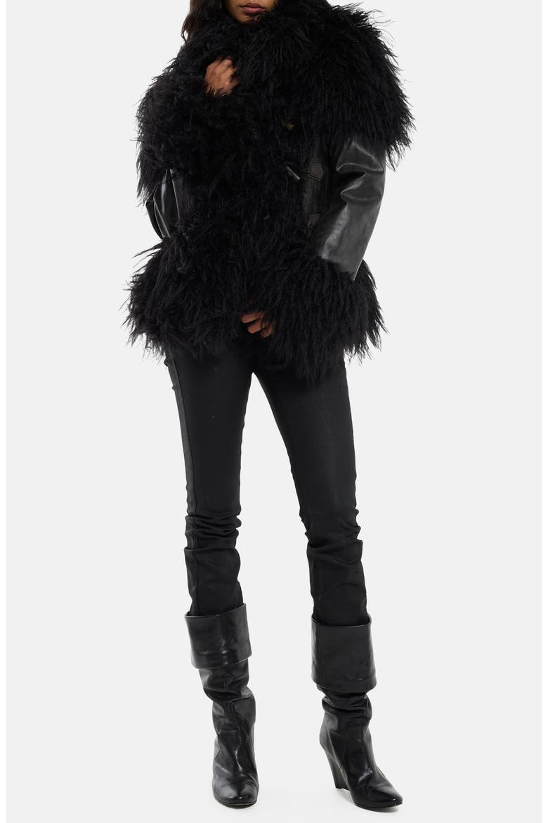 Faux Leather & Faux Fur Toggle Coat, Alternate, color, BLACK
