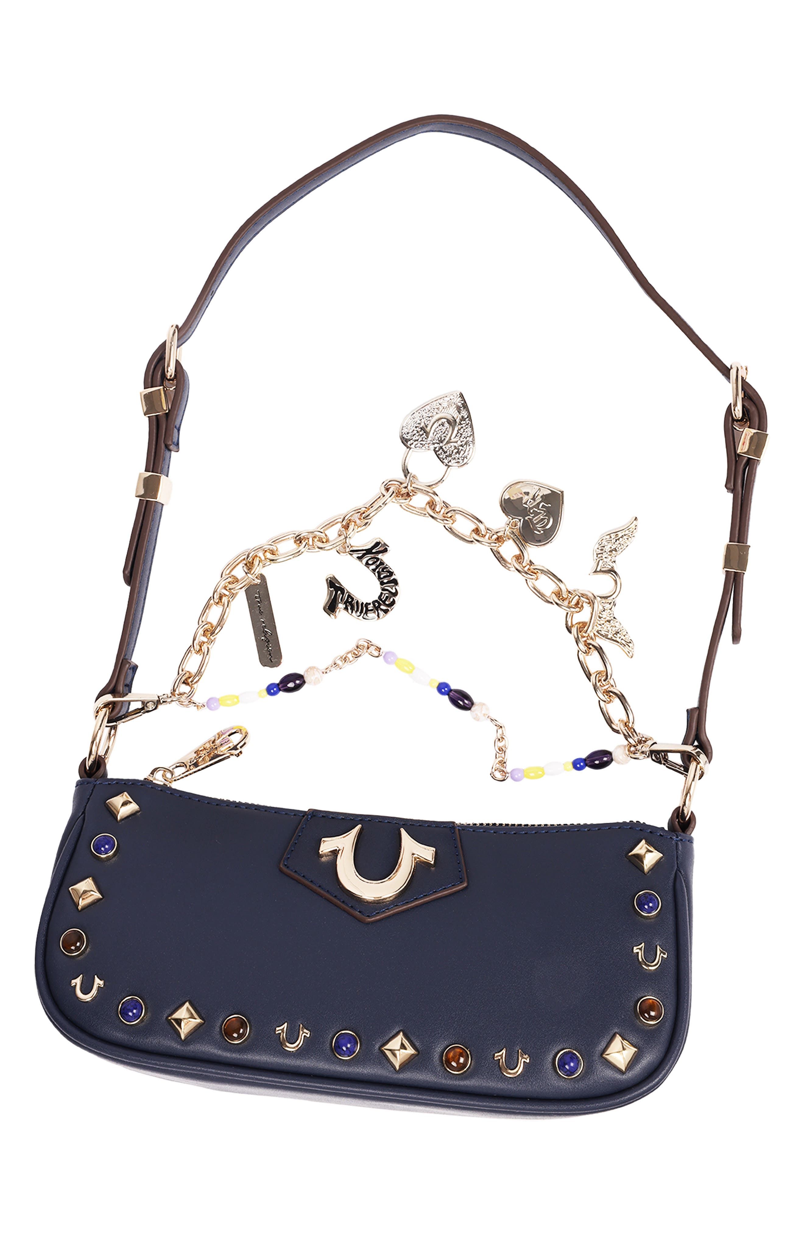 Studded Chain Faux Leather Shoulder Bag, Alternate, color, NAVY