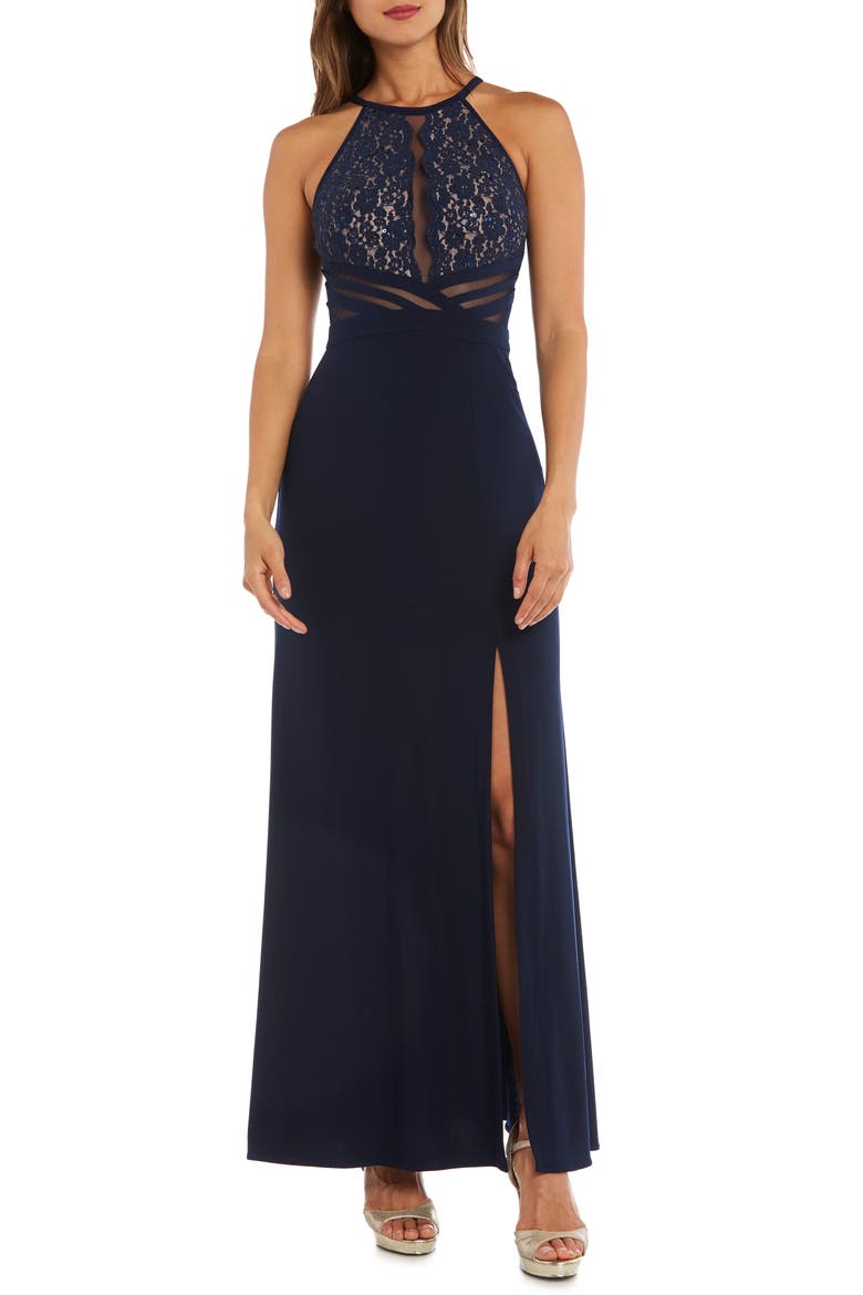 Lace & Mesh Inset Column Gown, Main, color, NAVY/ NUDE