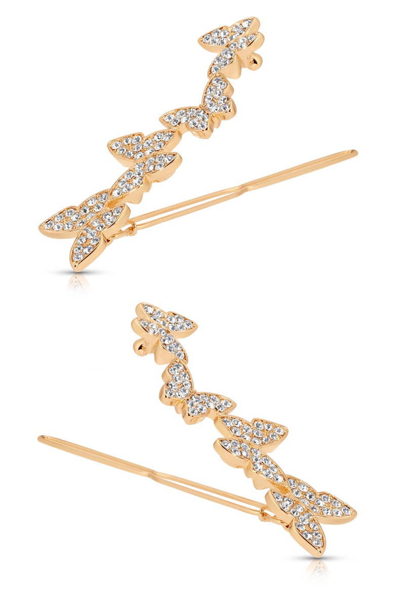 Whimsical Set of 2 Crystal Butterfly Barrettes, Alternate, color, GOLD