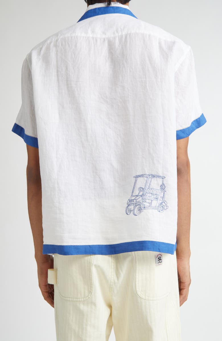 Bode Club Champion Short Sleeve Linen Camp Shirt, Alternate, color, White/ Blue