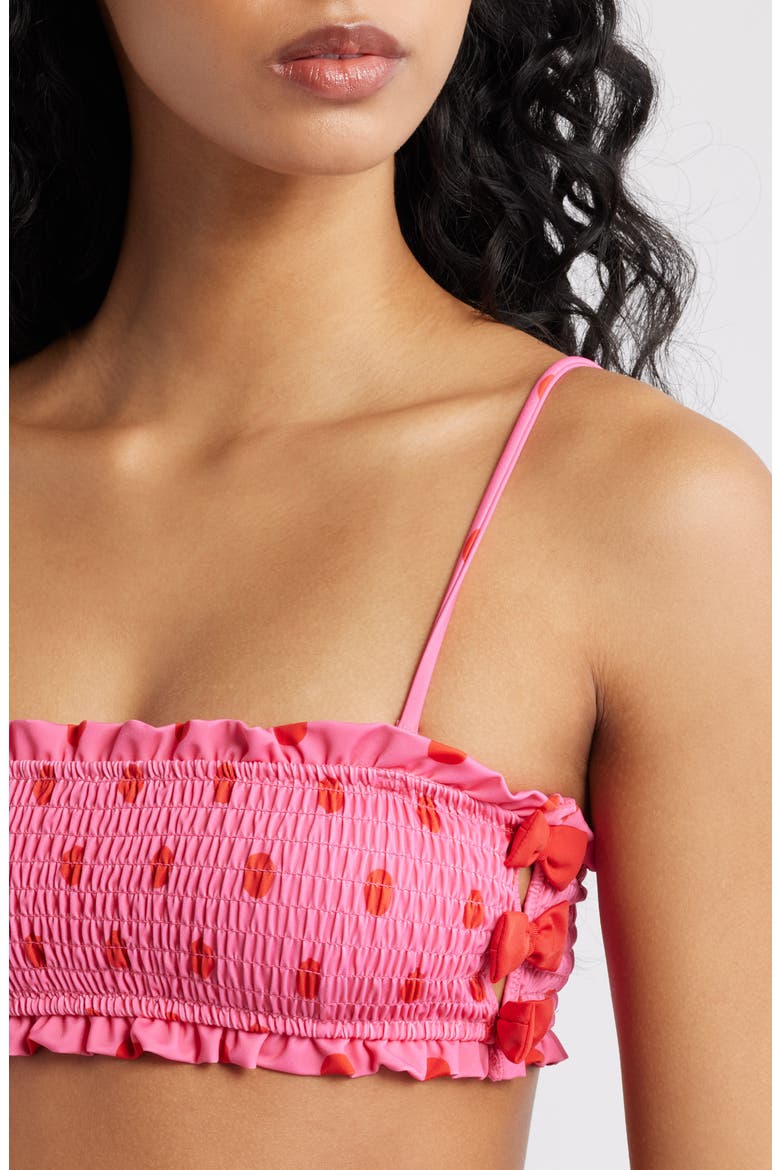 Polka Dot Smocked Bow Bandeau Bikini Top, Alternate, color, PINK