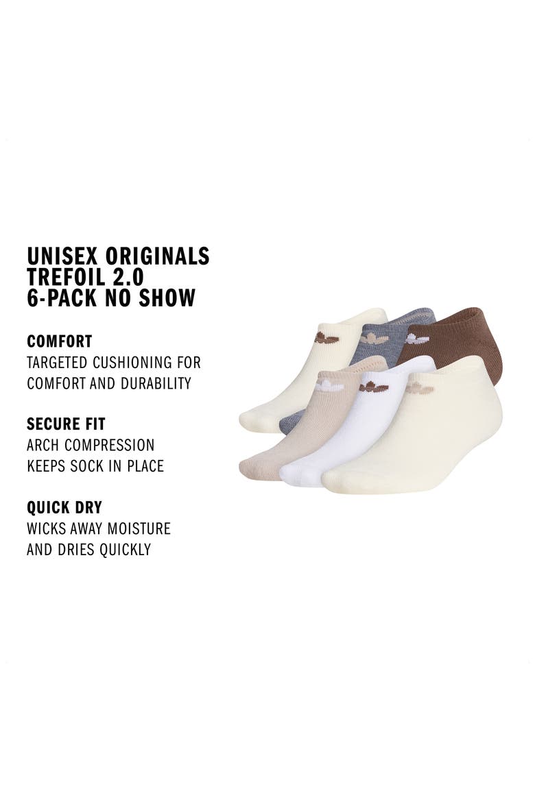 Originals Trefoil 6 Pack No Show Socks, Alternate, color, WONDER BEIGE/ WHITE/ BROWN