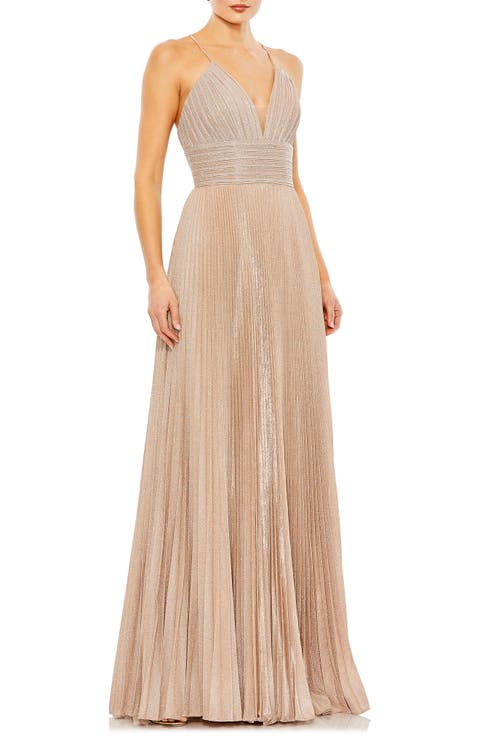 Shimmer Pleated V-Neck Gown