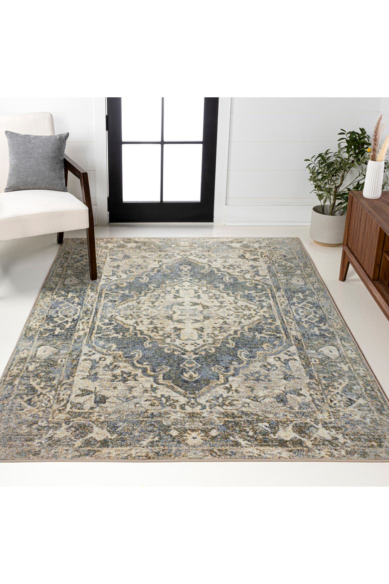 Pavel Distressed Medallion Low-Pile Machine-Washable Area Rug, Alternate, color, Blue/Cream
