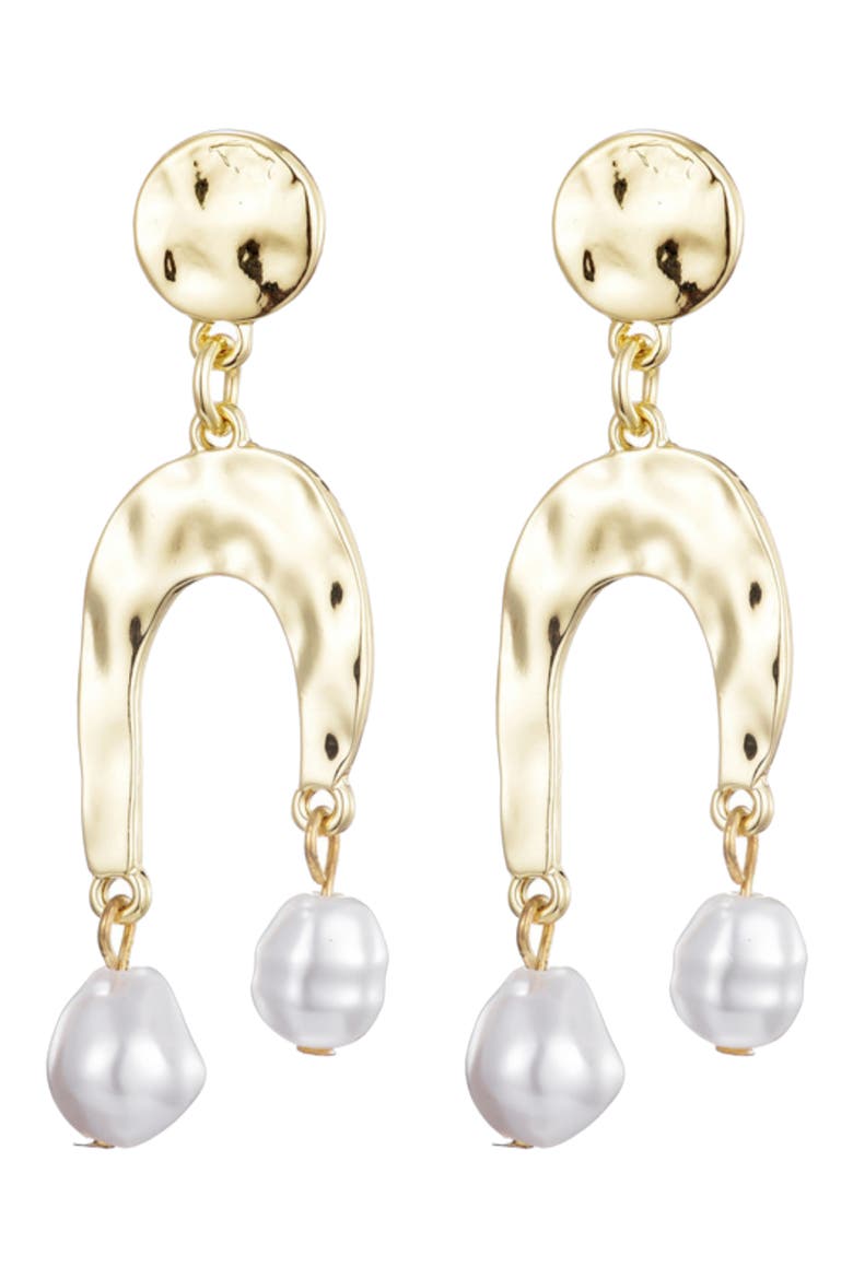 Hammered Faux Pearl Drop Earrings, Alternate, color, GOLD/ WHITE