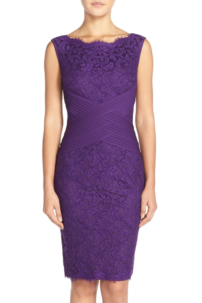 Crisscross Waist Lace Sheath Dress, Main, color, DEEP AMETHYST