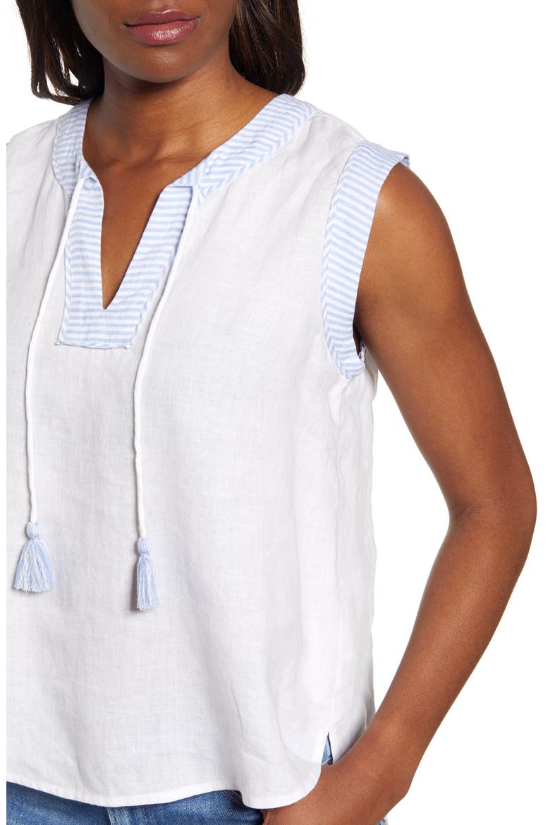 Tassel Tie Sleeveless Linen Blouse, Alternate, color, WHITE CAP