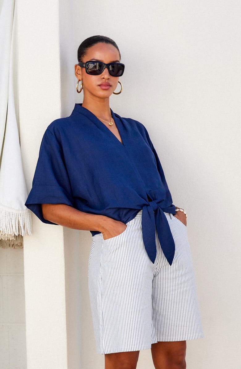 FIFTEEN TWENTY Janice Cuffed Tie Hem Linen Blend Top, Alternate, color, Navy