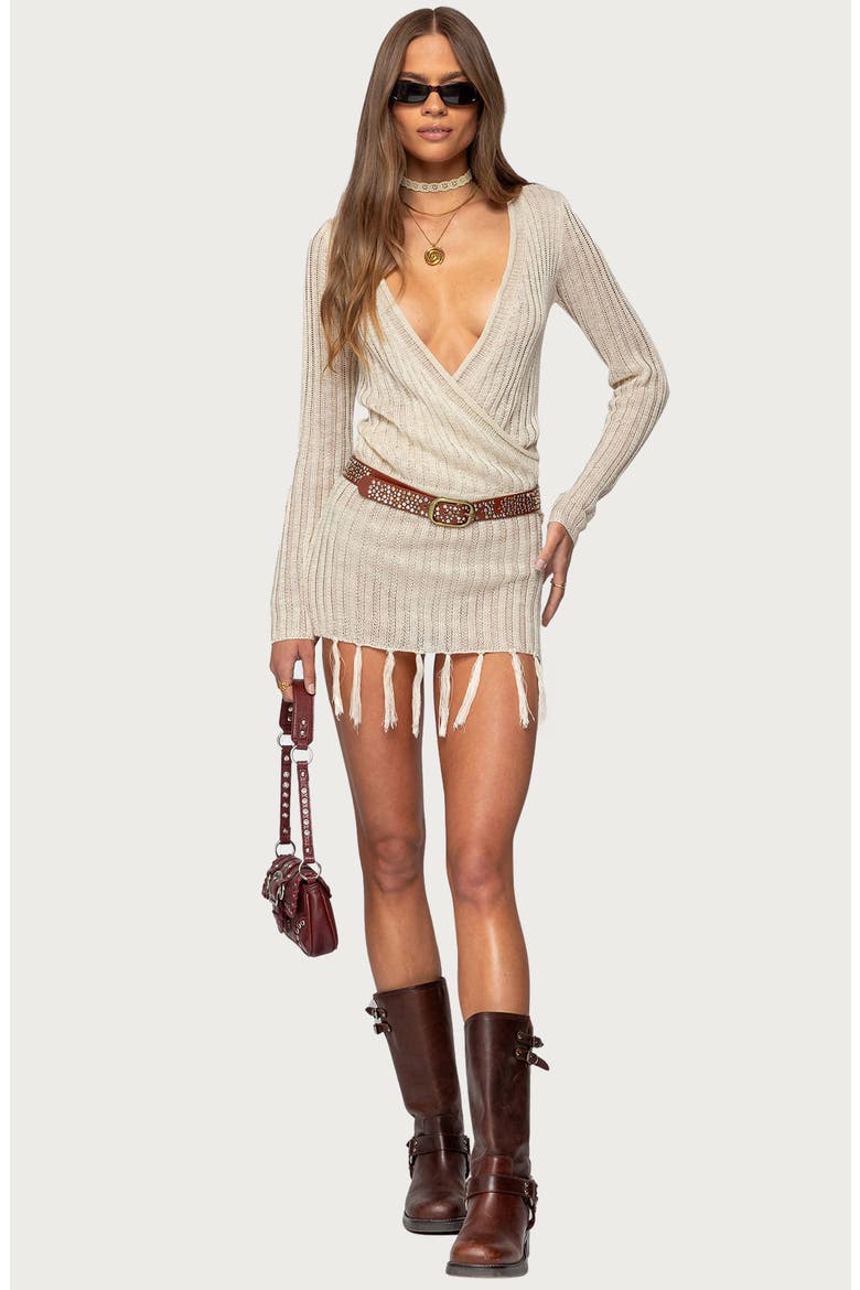 Tassel Long Sleeve Mini Sweater Dress, Alternate, color, BEIGE