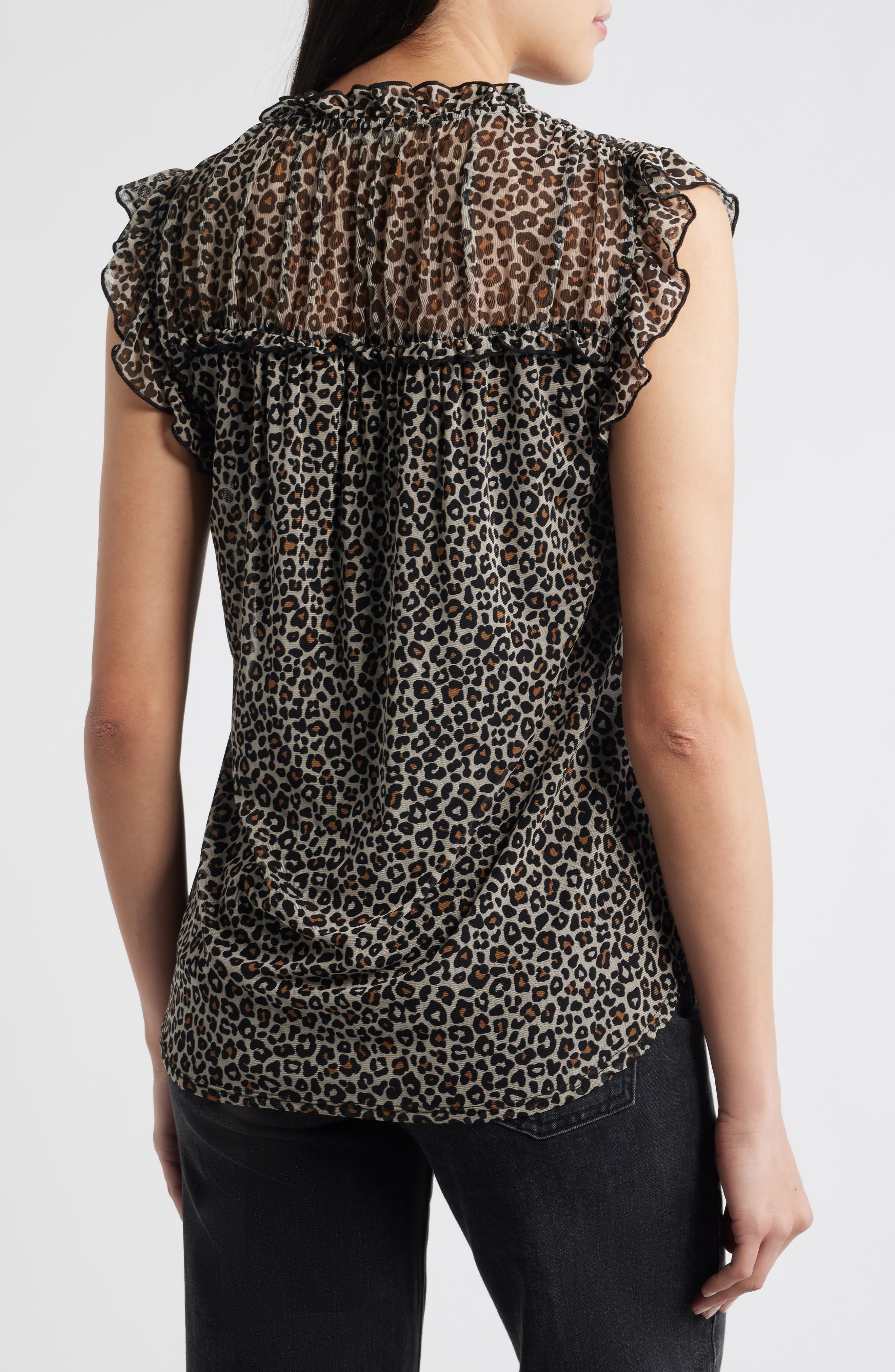 Animal Print Ruffle Trim Split Neck Top - image 2